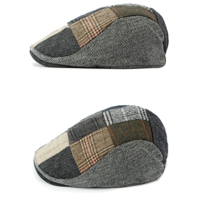 Men Patchwork Tweed Flat Cap Vintage