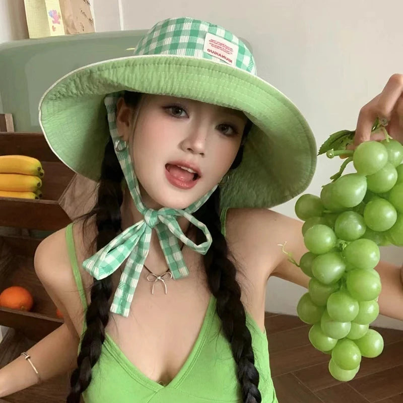 Double-Sided Plaid Wide Edged Lace-Up Bucket Hat
