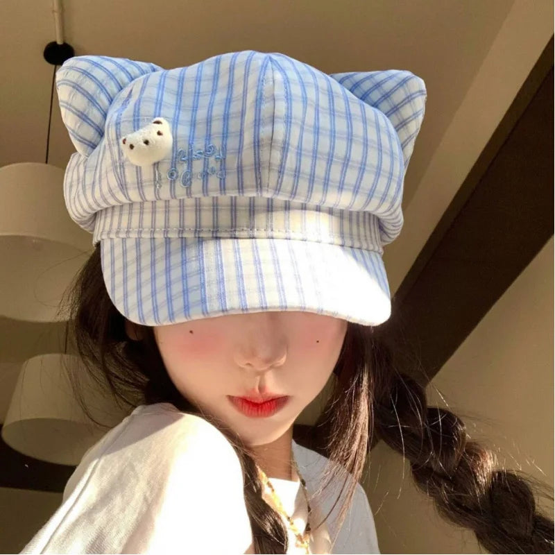 Cute Bear Plaid Ear Octagonal Hat Women Spring Summer