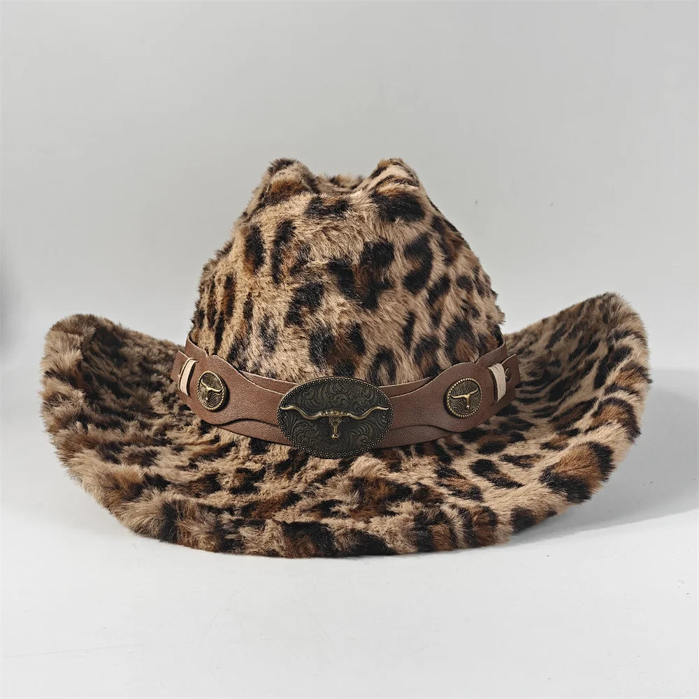 Leopard Print Rabbit Fur Cowboy Hat 7.5cm Western Cowboy Fedora