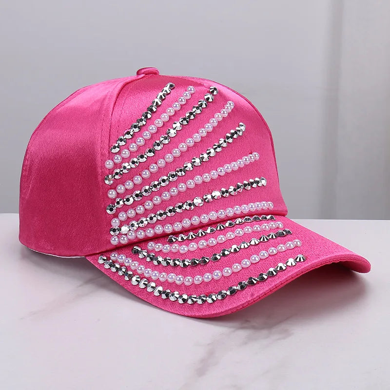 Satin Imitation Pearl Rhinestone Breathable Baseball Cap