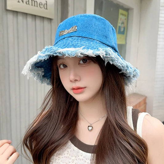 New Summer Logo Blue Washed Denim Large Bucket Hat
