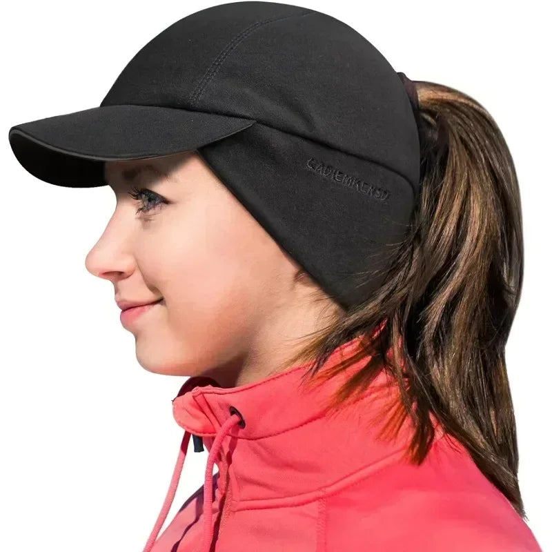 Women's Winter Reflective Fleece Ponytail Hat with Drop Down Ear Warmer Hat Baseball Cap