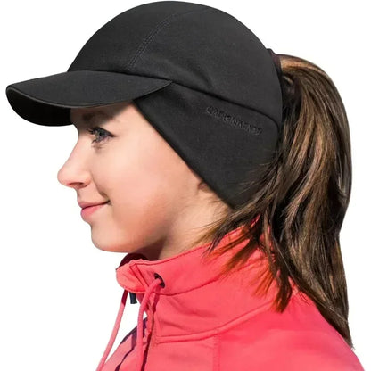 Women's Winter Reflective Fleece Ponytail Hat with Drop Down Ear Warmer Hat Baseball Cap