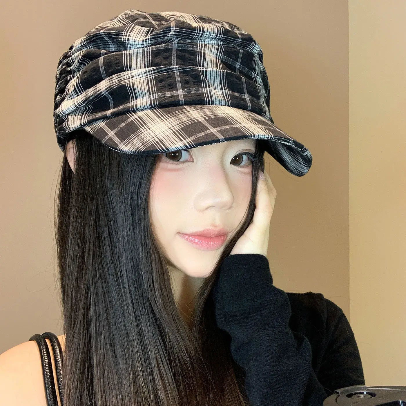 Vintage Checkered Pleated Cap Women's