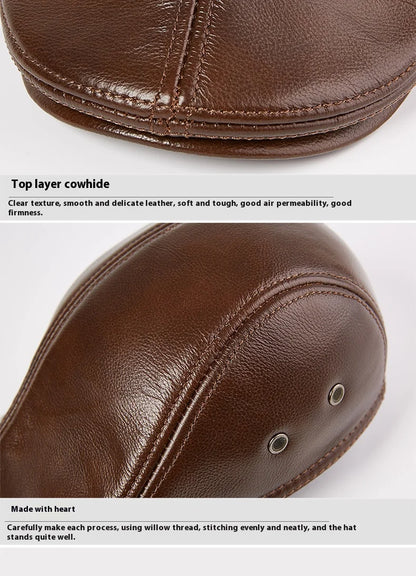 Genuine Leather Beret Hat For Men Warm Windproof Winter Cap