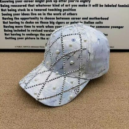 Unisex Retro Versatile Tie-Dye Quilted Rhinestone Imitation Pearl Baseball Cap