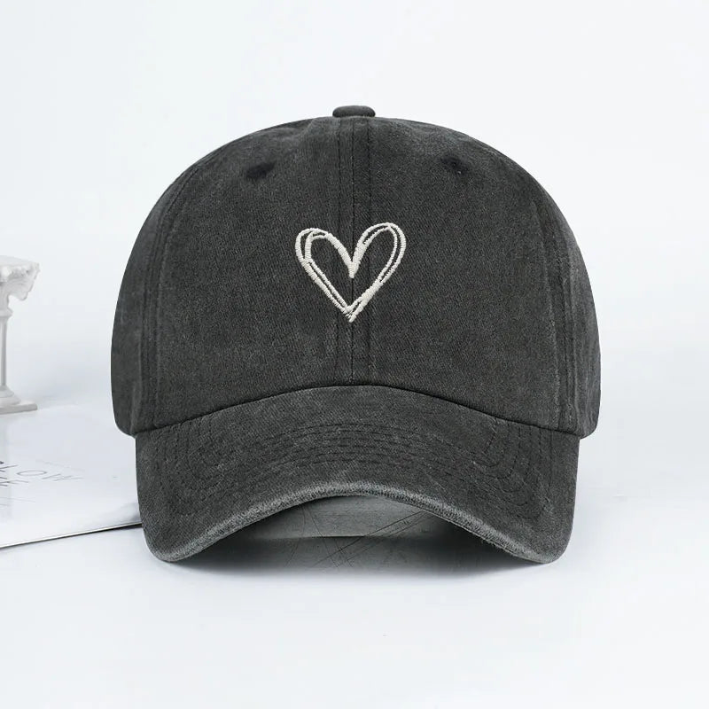Y2K Style Heart Embroidered Baseball Cap Vintage Washed Distressed Dad Cap Breathable Adjustable Sun Hat