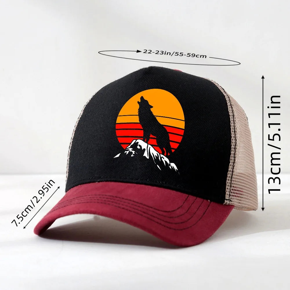 Four Seasons Trucker Cap Men Women Snapback Hip Hop Baseball Cap Sunset Wolf Adjustable Visor Hat Mesh Breathable Hats