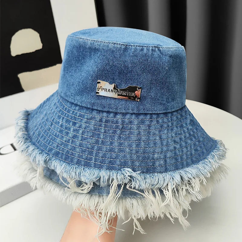Fashion Tassel Washed Denim Bucket Hats Spring Summer Wide Brim Panama Cap Women