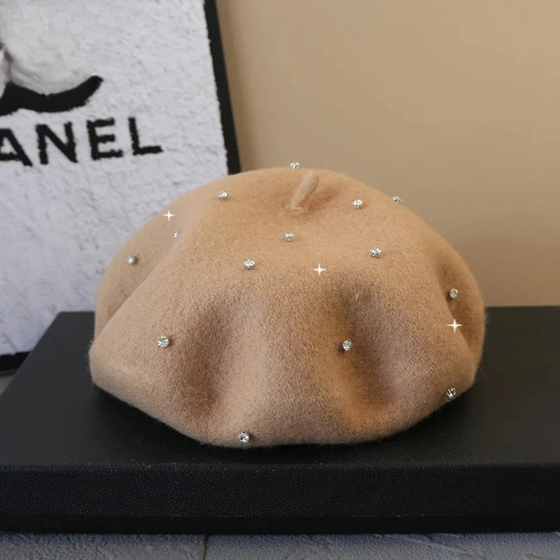 Luxury Rhinestone Wool Thick Berets For Women Autumn Winter Ladies Bling Beret