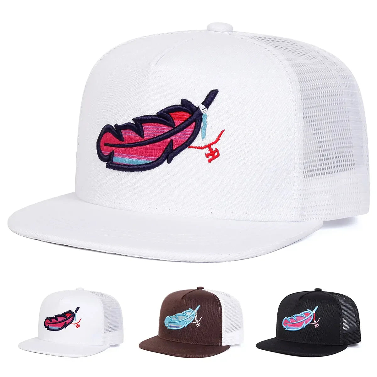 Unisex Colorful Feather Embroidery Hip-Hop Net Hats