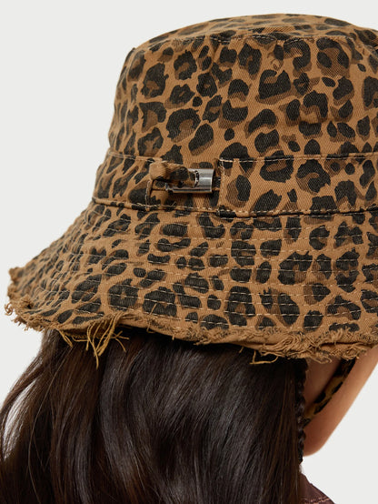 Retro Washed Rough Edge Leopard Women Drawstring Bucket Hat