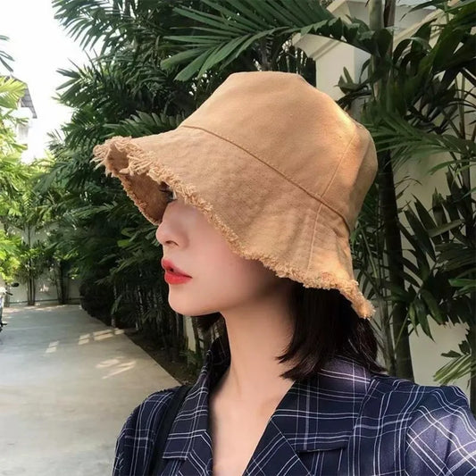 Simple Raw Edge Fisherman Hat Foldable Lightweight Thin Bucket Hat