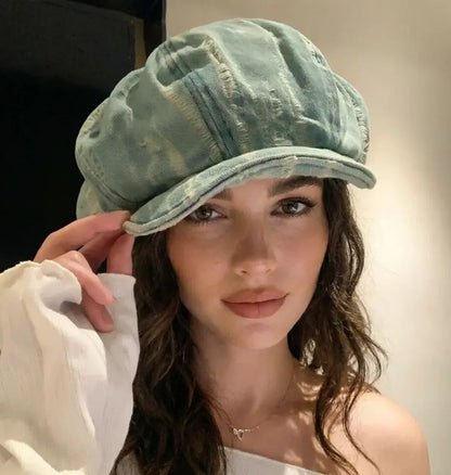 Women's Vintage Washed Denim Cloud Berets Octagonal Retro Cap