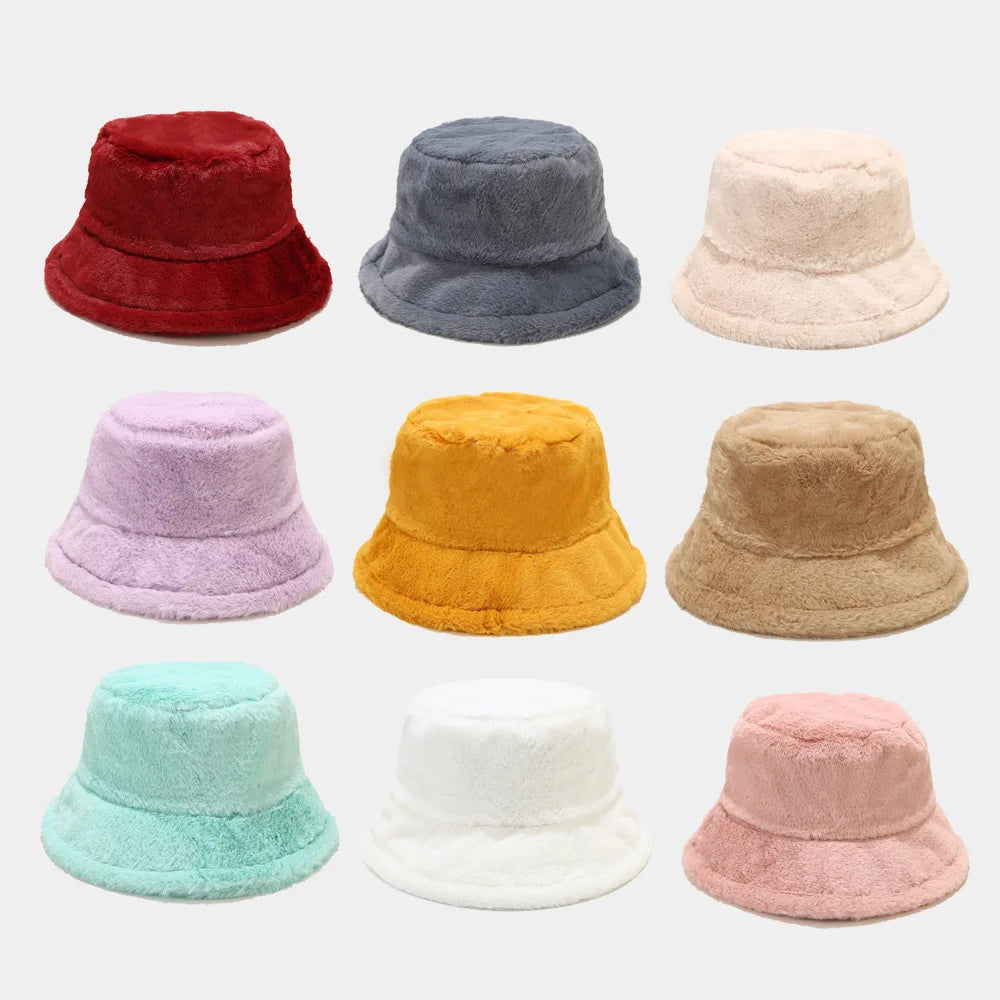 Faux Rabbit Fur Bucket Hat Lady Winter Warm Soft Panama Hat