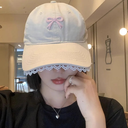 Korean-Style Bow-Tie Knit Baseball Cap Women's