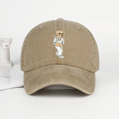 Classic Baseball Bear Print Washed Baseball Cap