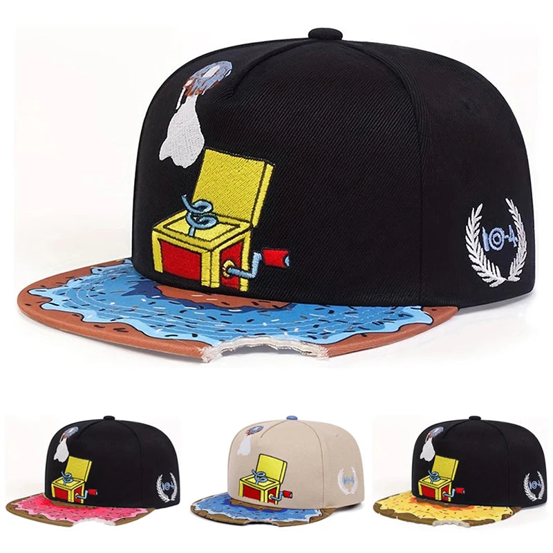 Cartoon Creative Baseball Hat Doughnut Record Machine Embroidered HipHop