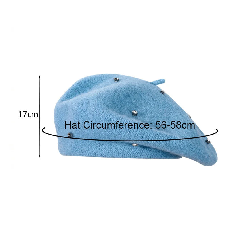 Rhinestone Women Beret Hat Autumn Winter Vintage French Artist Cap