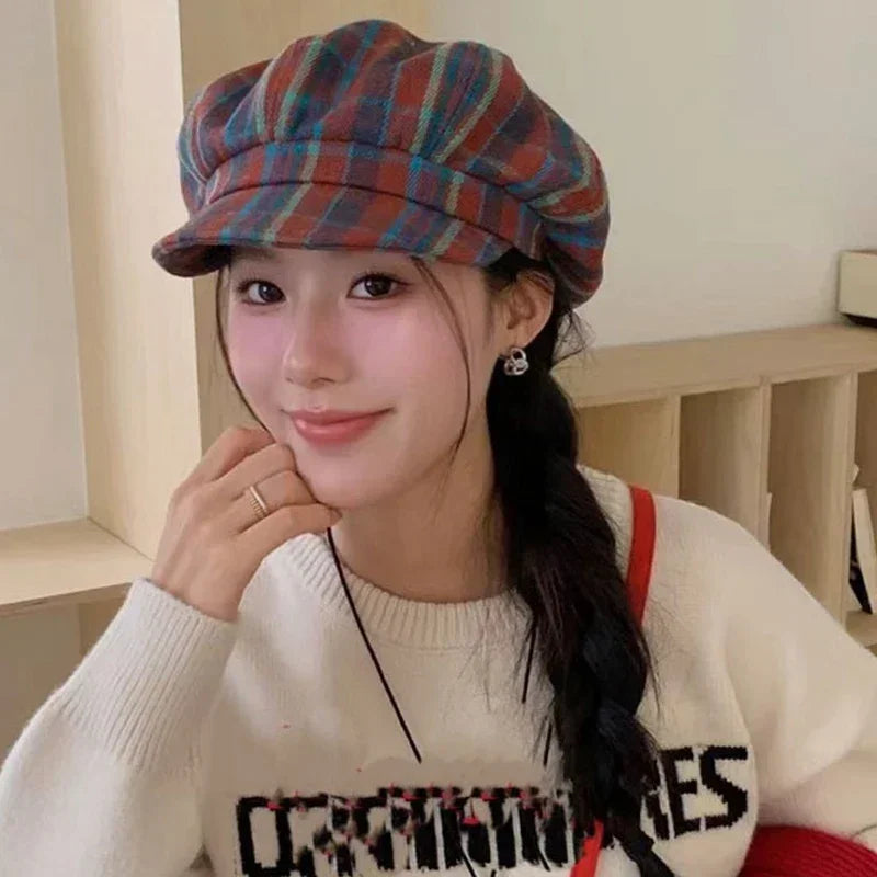 2025 Vintage Plaid Newsboy Cap Slimming Face Retro Flat Cap