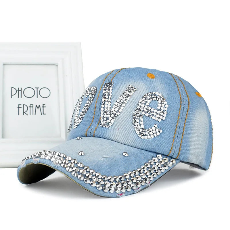 New Women Washed Denim Rhinestone Crown Baseball Cap