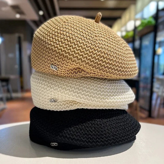 Women Fixed Pleated Paper Straw Beret Summer