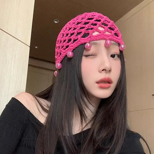 Fashion Round Beads Knitted Hat Crochet Pearl Fringed Woven For Women
