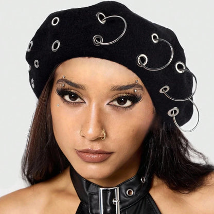 Personality Punk Style Beret Hat With Circular Hollow Rivet, Y2k Newsboy Caps