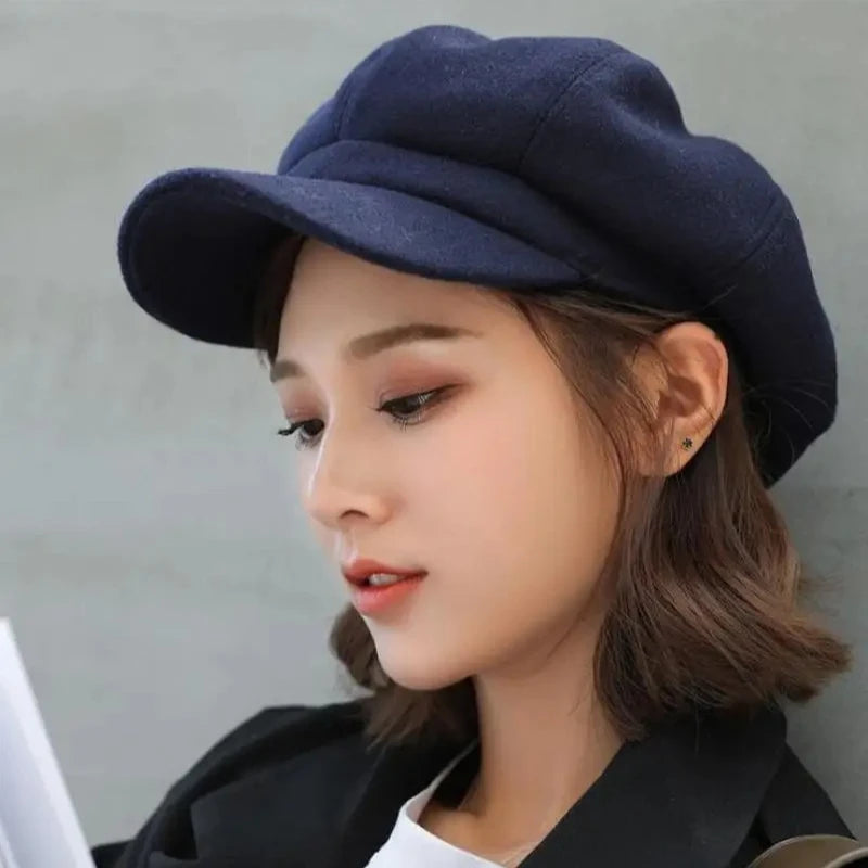 Autumn Winter Hats For Women Solid Plain Octagonal Newsboy Cap