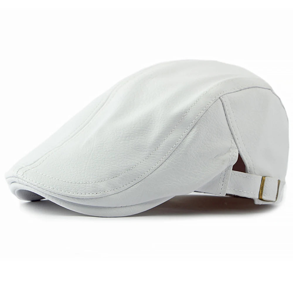 PU Leather Beret Cap Men Black White Coffee Ivy Flat Cap