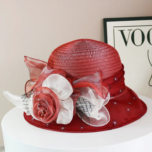 Fashion Hat Women Top Hat Elegant Organza Flower Wide Brim Sun Hat