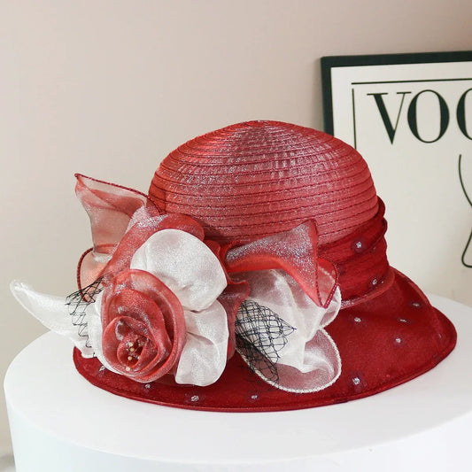 Fashion Hat Women Top Hat Elegant Organza Flower Wide Brim Sun Hat