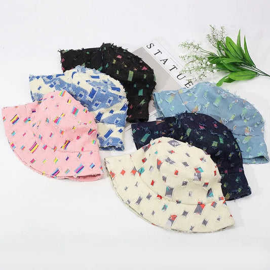 Fashion Women Men Washed Denim Ripped Bucket Hats