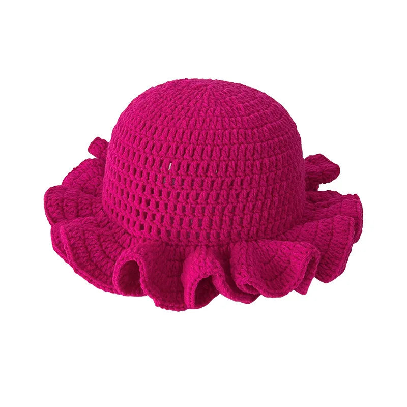 New Colorful Crochet Ruffle Brim Knit Bucket Hats
