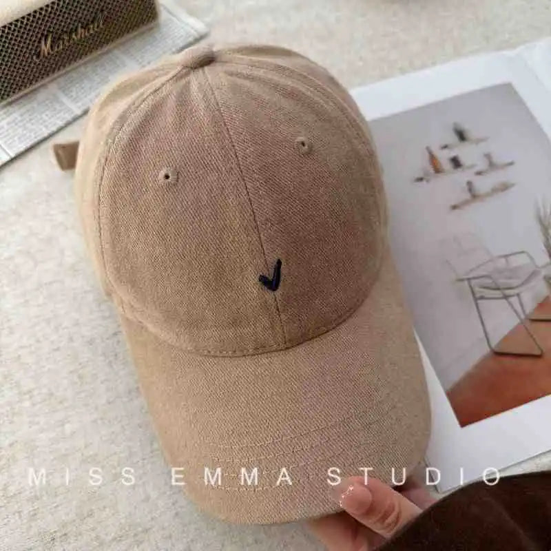 Vintage Washable Cotton Baseball Cap Unisex Face Slimming Wide Brim Embroidered