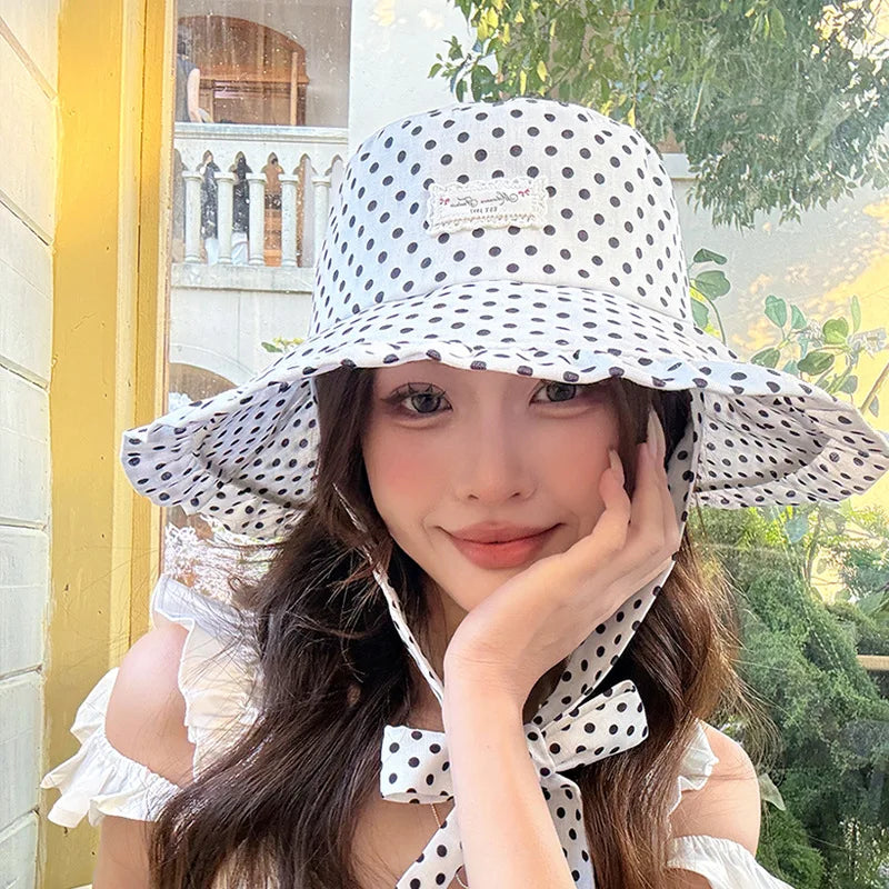 Korean Fashion Polka Dots Ribbon Sun Hat