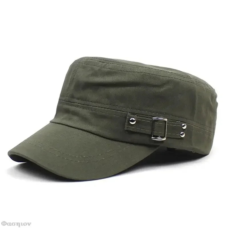 Army Cap Men Women Pure Color Washed Cotton Flat Top Cap Outdoor