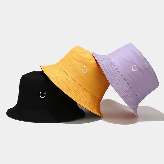 Unisex Bucket Hat Smile Face Embroidery Double Sided Wear Visor Cap