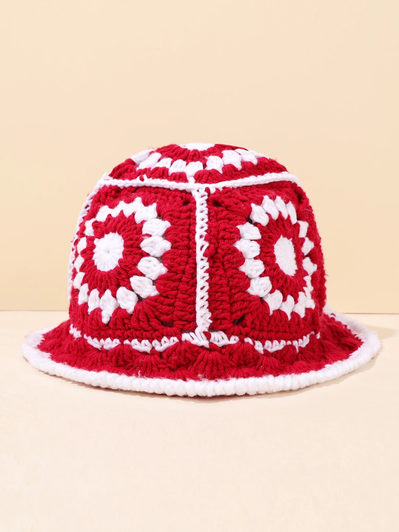 1PC Handmade Crochet Vintage Bucket Hat - Geometric Patch Super Soft and Warm