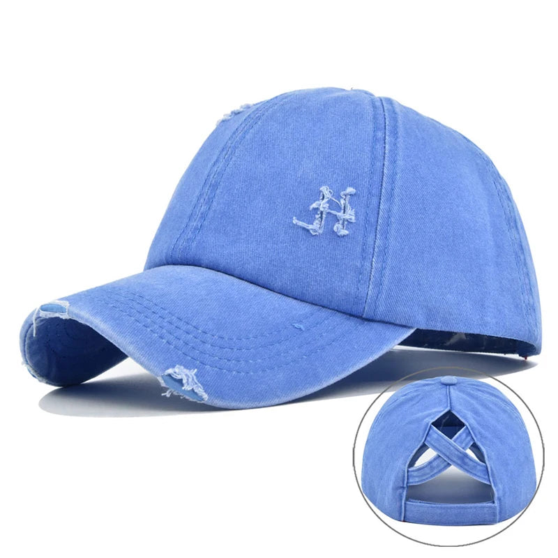 Vintage Washed Distressed Baseball Cap, Criss Cross Ponytail Hat