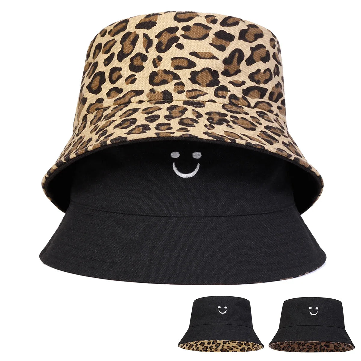Unisex Smiling Leopard Print Double-Sided Bucket Hats Fishermen Caps