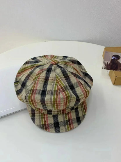 2025 Vintage Plaid Newsboy Cap Slimming Face Retro Flat Cap