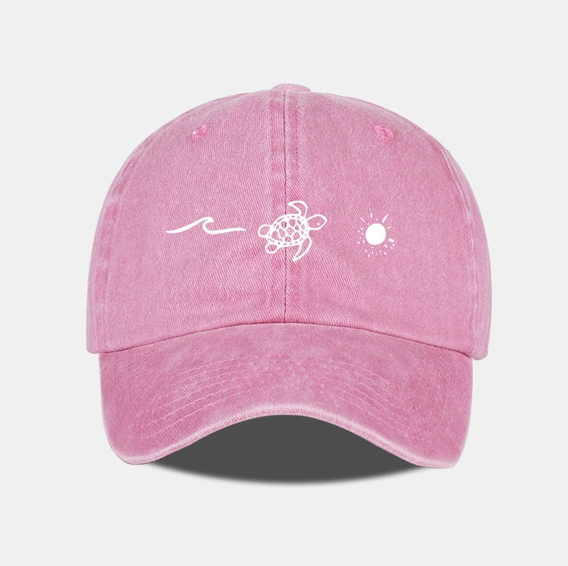 Retro Washed Baseball Cap With Wave Turtle and Sun Print Unisex Adjustable Dad Cap Summer Beach Sun Hat