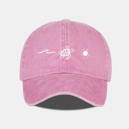 Retro Washed Baseball Cap With Wave Turtle and Sun Print Unisex Adjustable Dad Cap Summer Beach Sun Hat