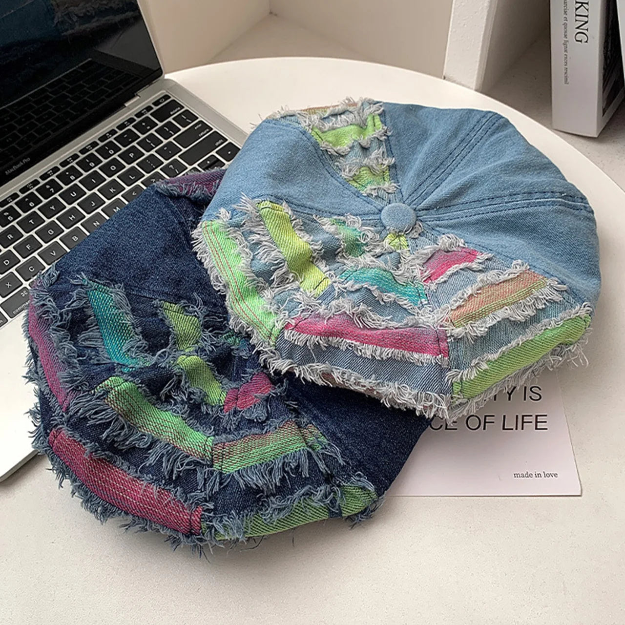 Women Washed Denim Beret Hat Fashion Patchwork Hole Octagonal Cap