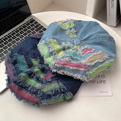 Women Washed Denim Beret Hat Fashion Patchwork Hole Octagonal Cap