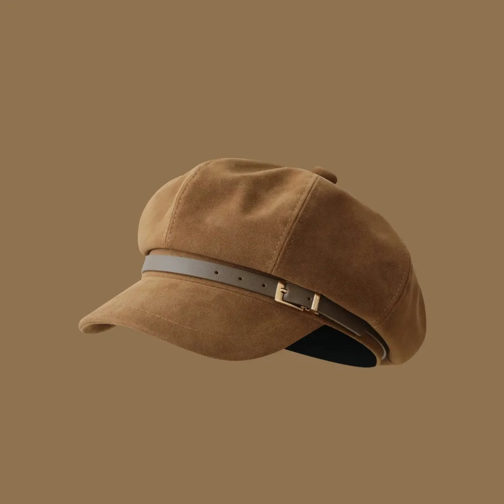 Personality British Style Pu Leather Beret Belt Buckle Brown Suede Octagonal Hat