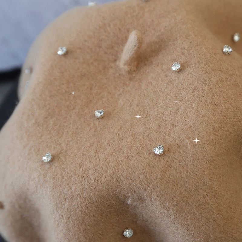 Luxury Rhinestone Wool Thick Berets For Women Autumn Winter Ladies Bling Beret
