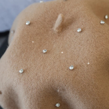 Luxury Rhinestone Wool Thick Berets For Women Autumn Winter Ladies Bling Beret